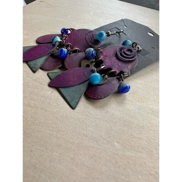 Vintage-Inspired Purple Blue Dangle Earrings Beaded Accents Geometric Charms - Picture 6 of 7